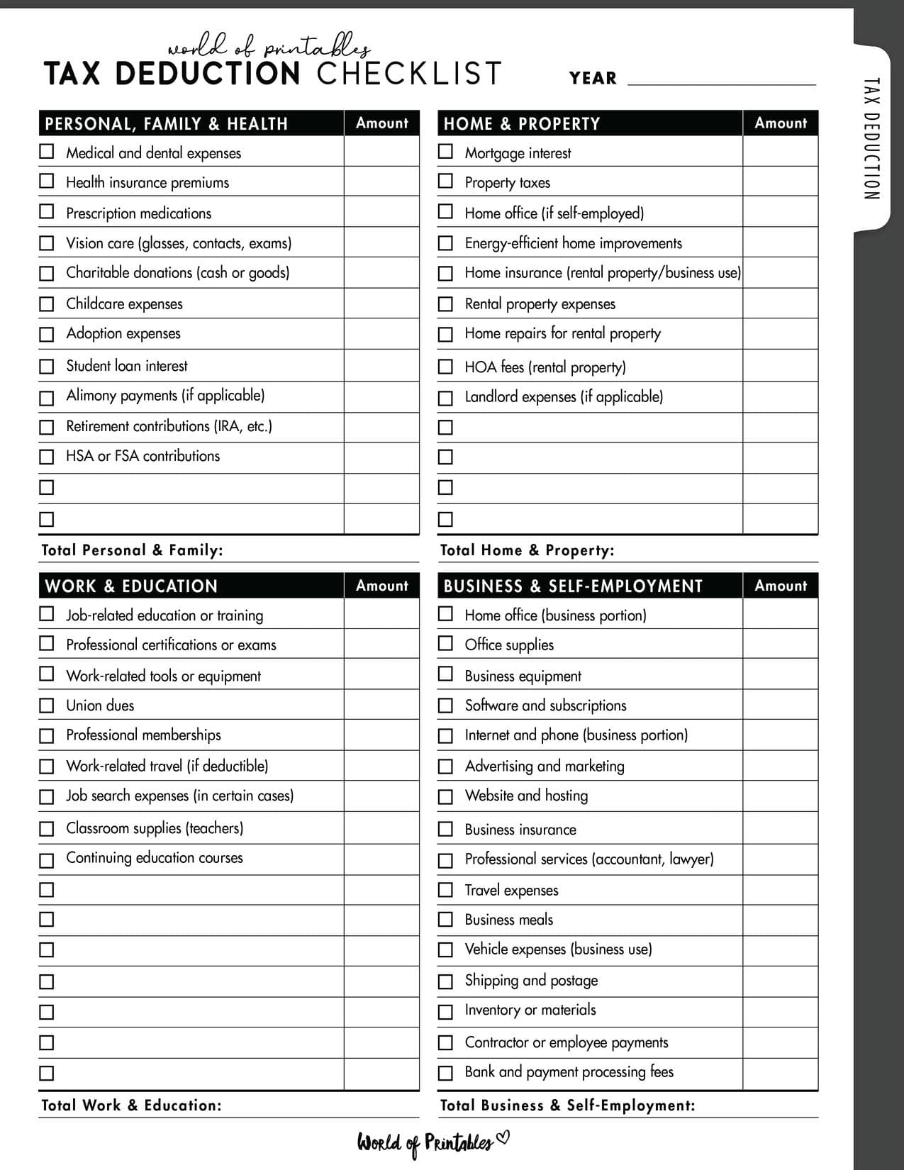 Tax Write Off Checklist.pdf Free Tax Deduction Checklist Printable - World of Printables