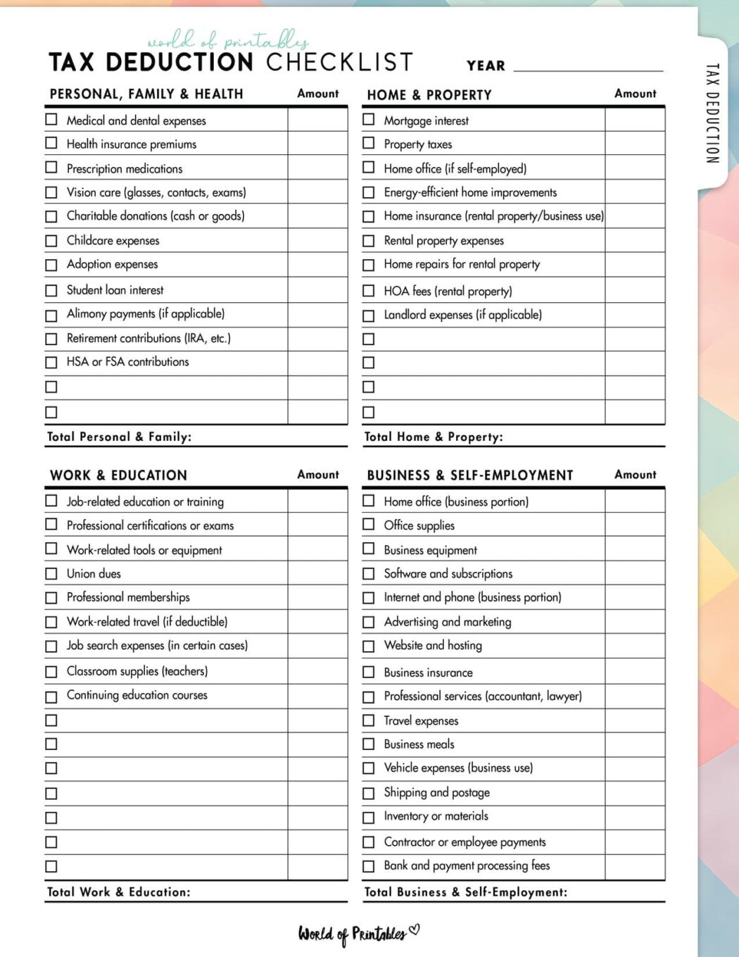 Tax Write Off Checklist.pdf Free Tax Deduction Checklist Printable - World of Printables