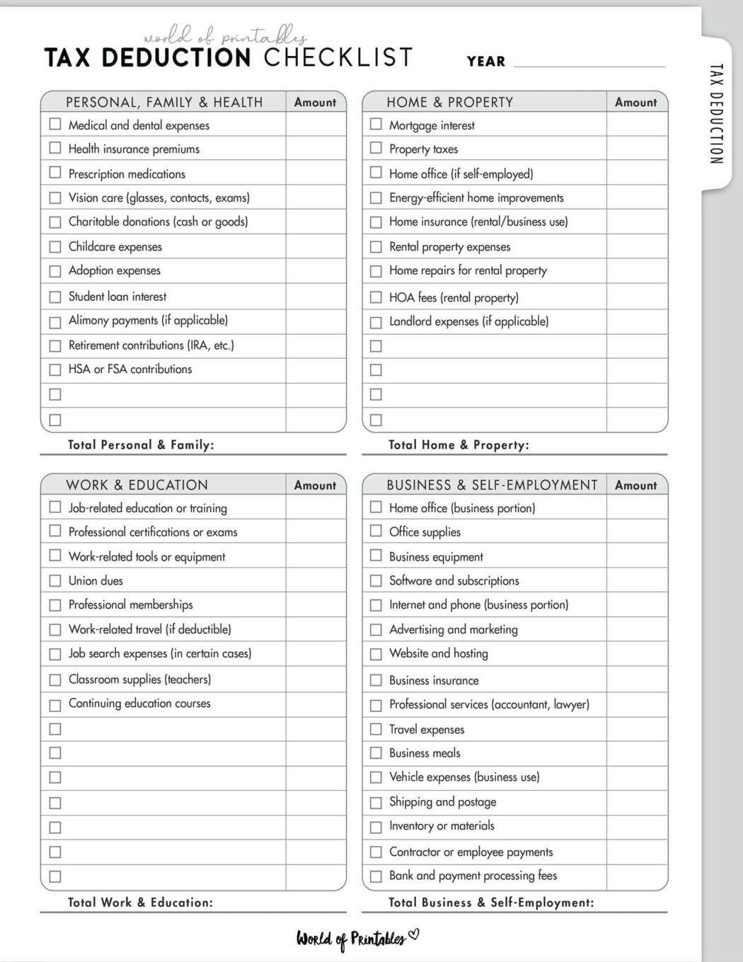 Tax Write Off Checklist.pdf Free Tax Deduction Checklist Printable - World of Printables