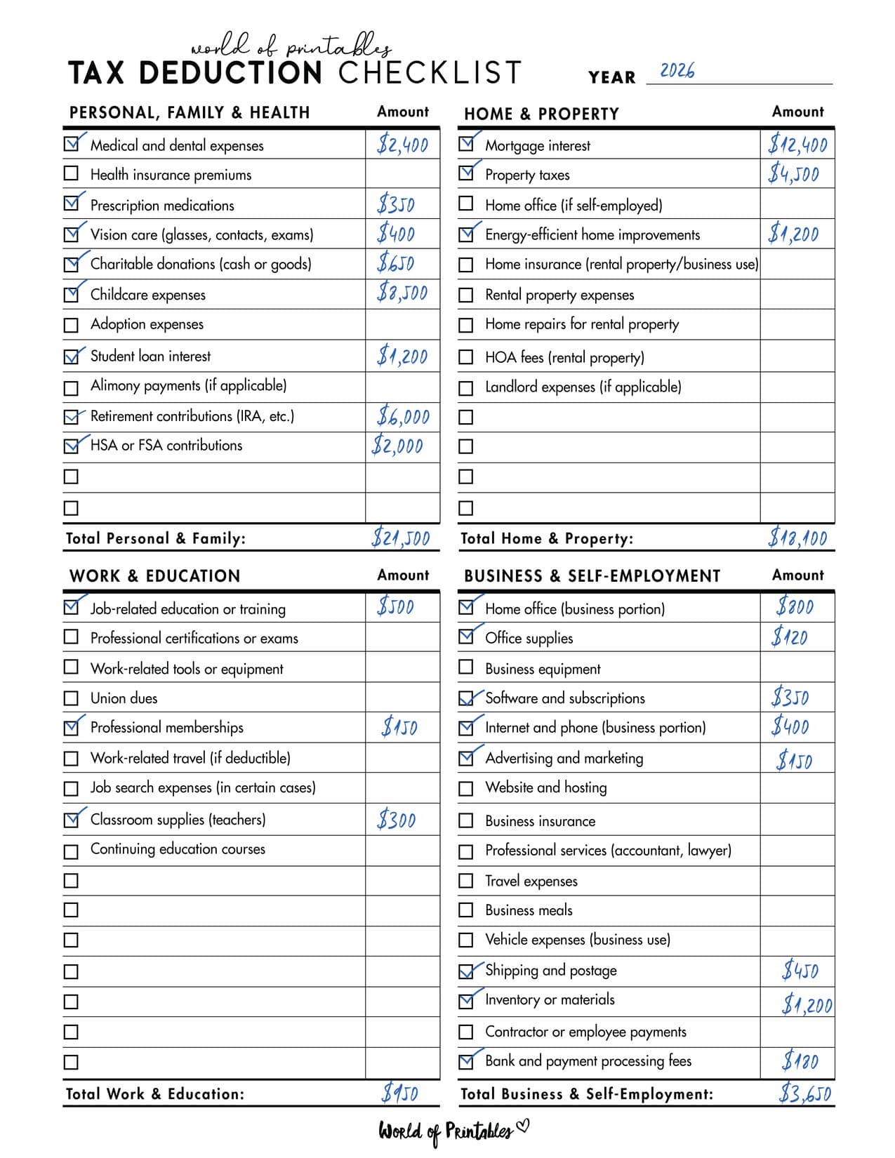 Tax Deduction Checklist Example