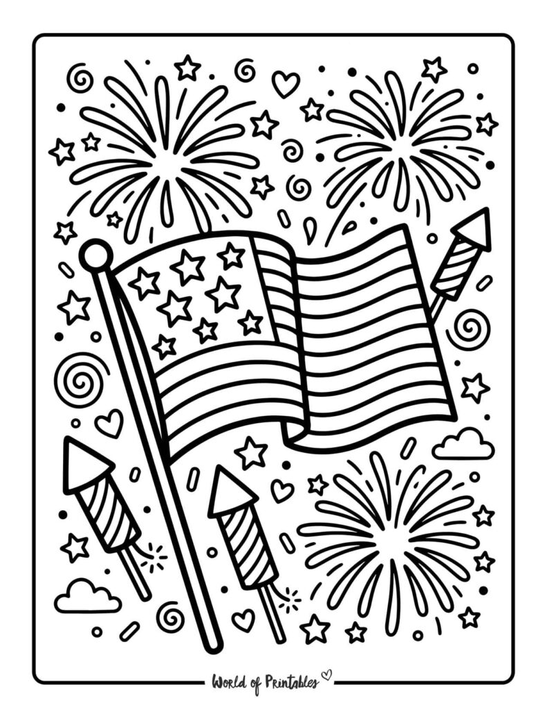 American Flag And Fireworks Coloring Page