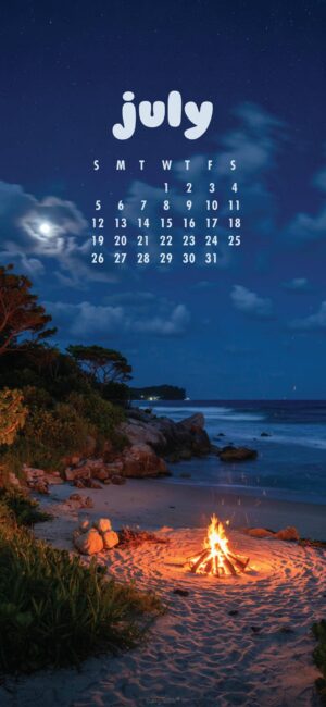 Beach Fire Phone July Calendar Wallpaper