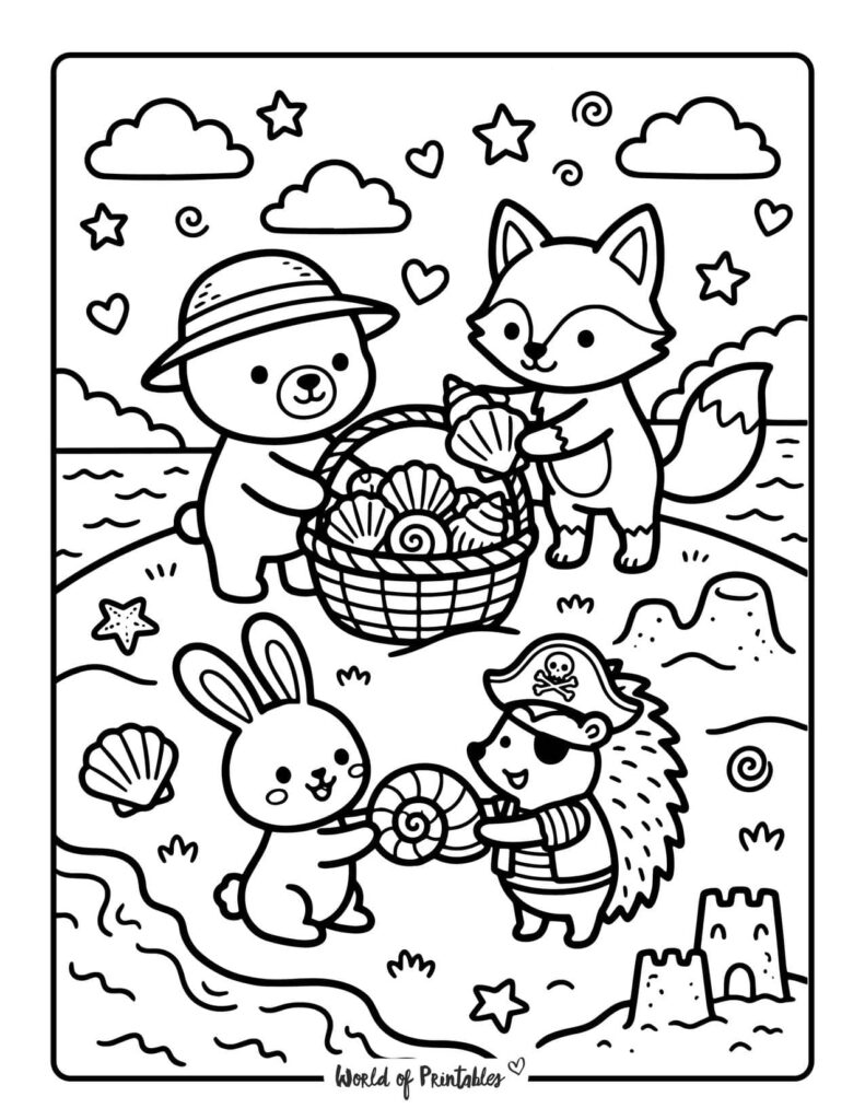 Beach Seashell Hunt Coloring Page