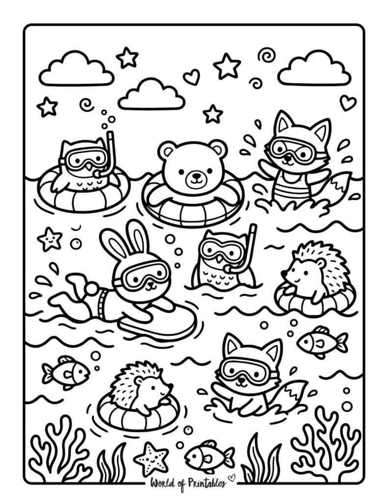 Beach Snorkeling Friends Coloring Page