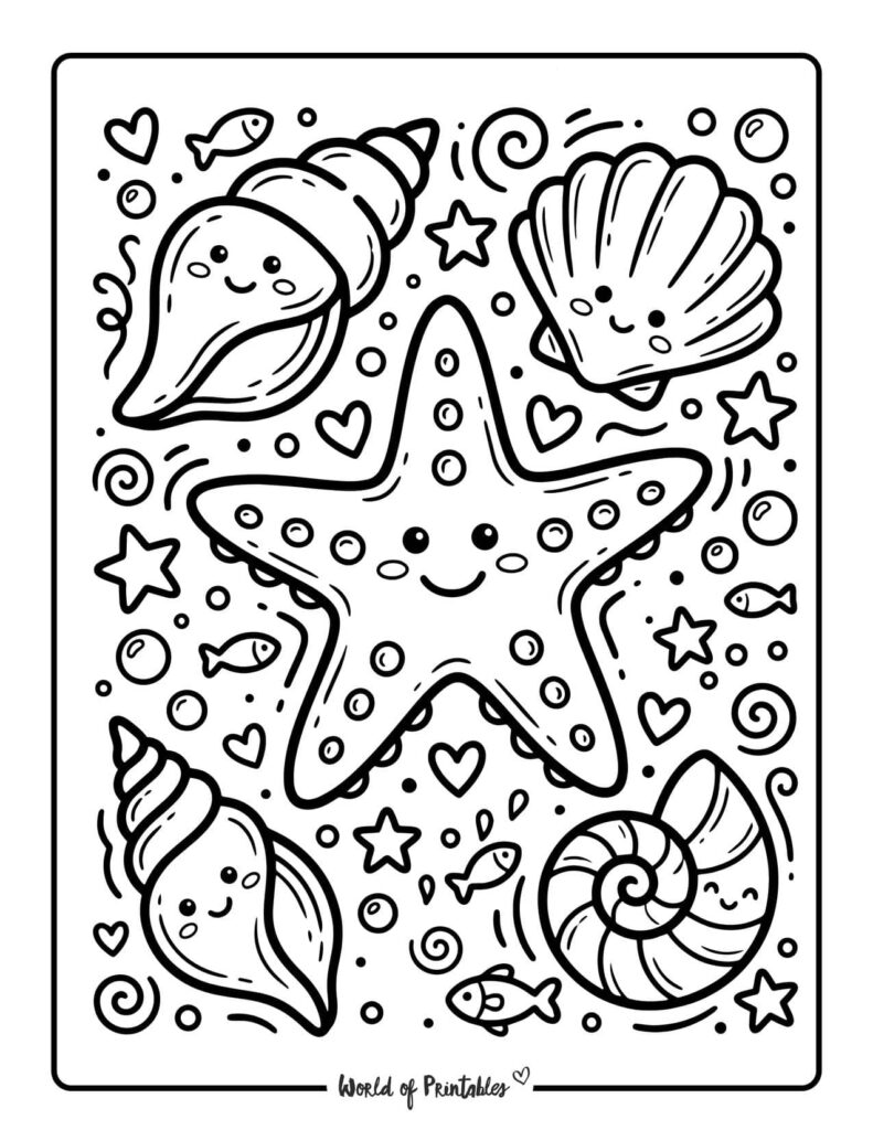 Beach Starfish And Shells Coloring Page