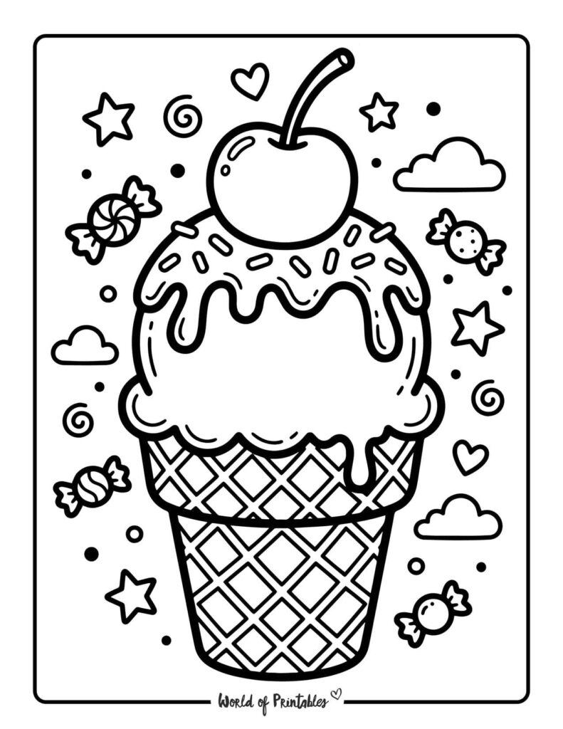 Cherry Ice Cream Cone Coloring Page