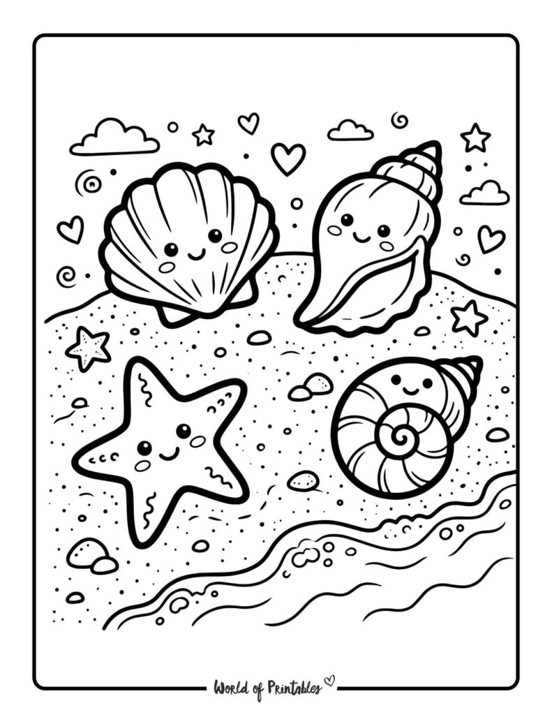 Cute Beach Shells Coloring Page