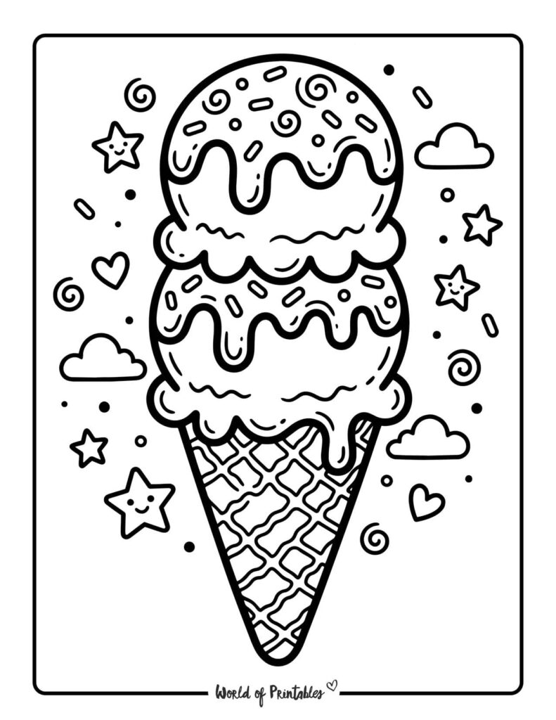 Double Scoop Ice Cream Cone Coloring Page