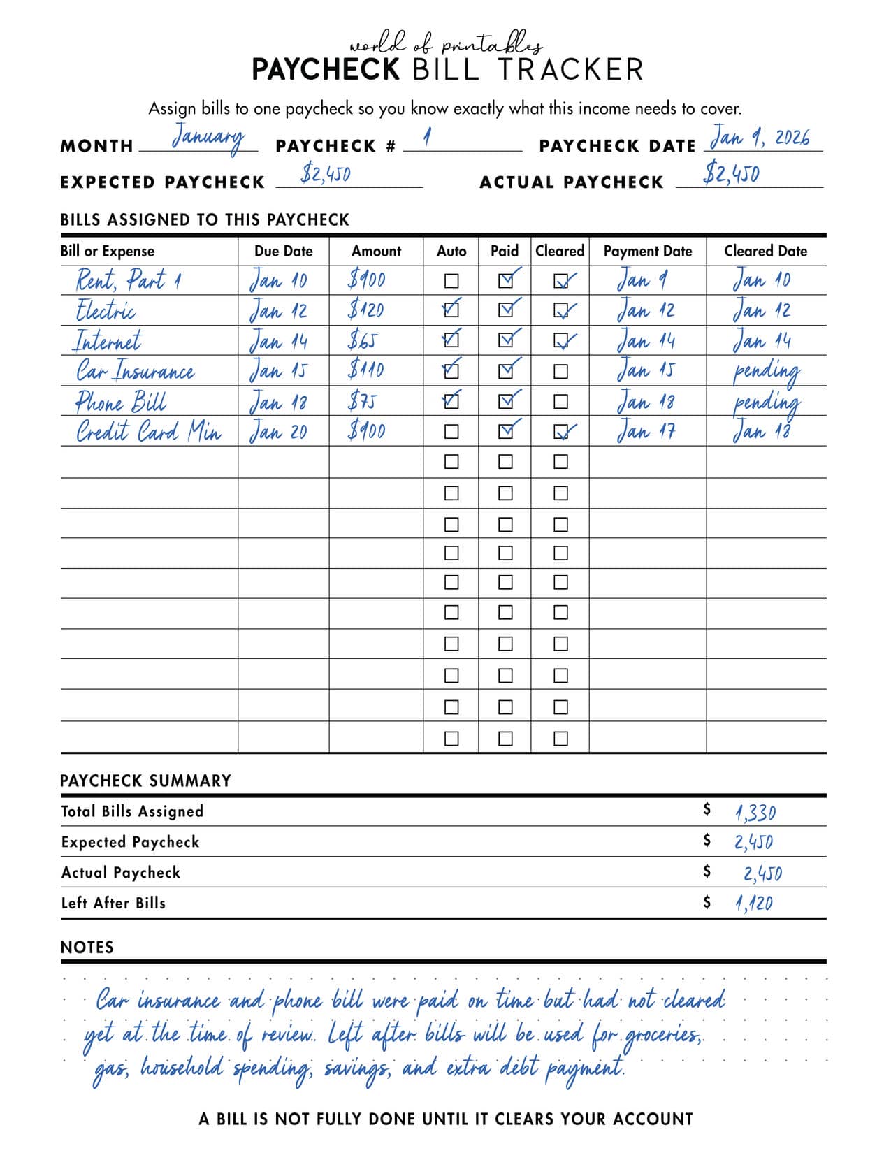 Filled Paycheck Bill Tracker Example