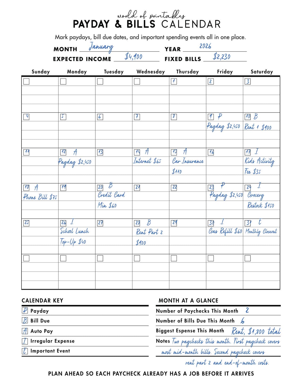 Filled Payday & Bills Calendar Example
