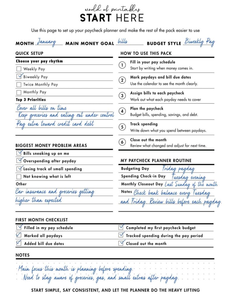 Filled Start Here Page Example