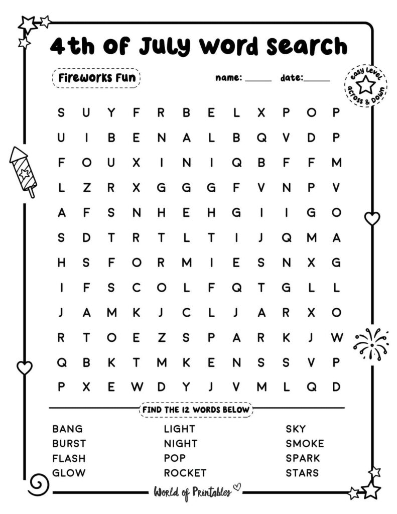 Fireworks Fun 4th of July Word Search - Easy Level