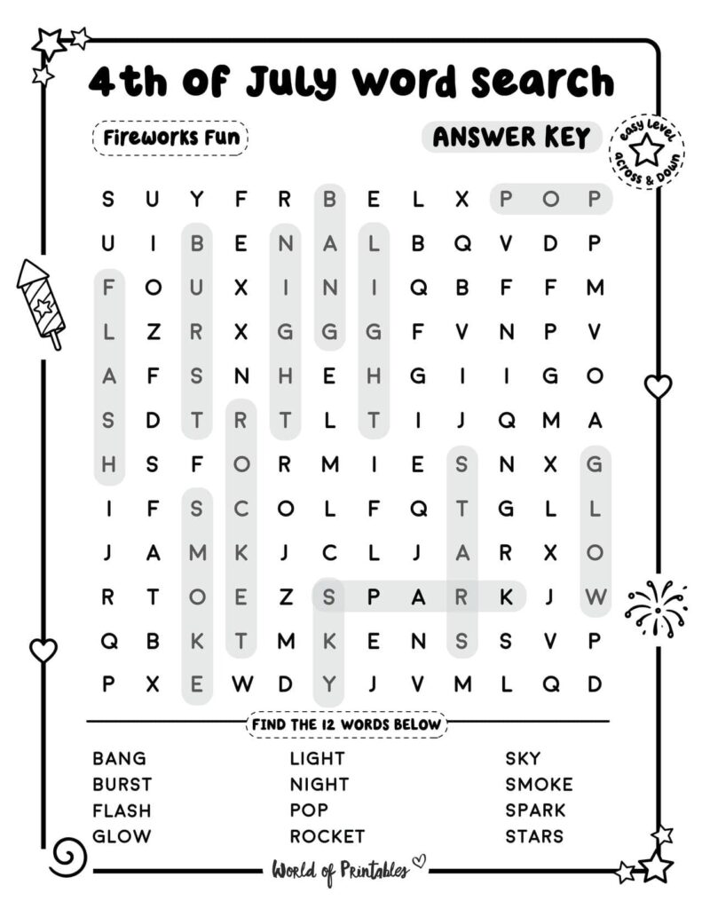 Fireworks Fun 4th of July Word Search - Easy Level Answer Key