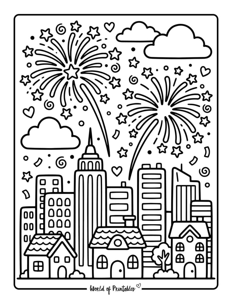 Fireworks Over A City Coloring Page