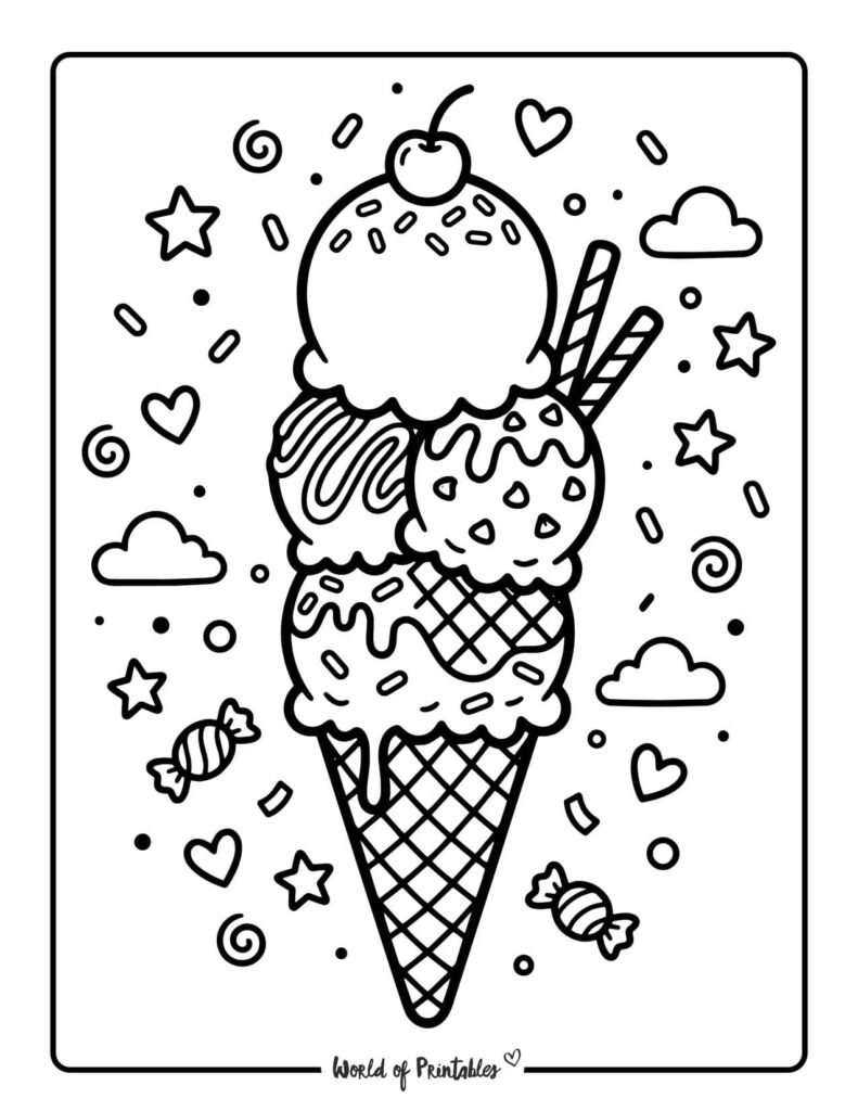 Four Scoop Ice Cream Cone Coloring Page