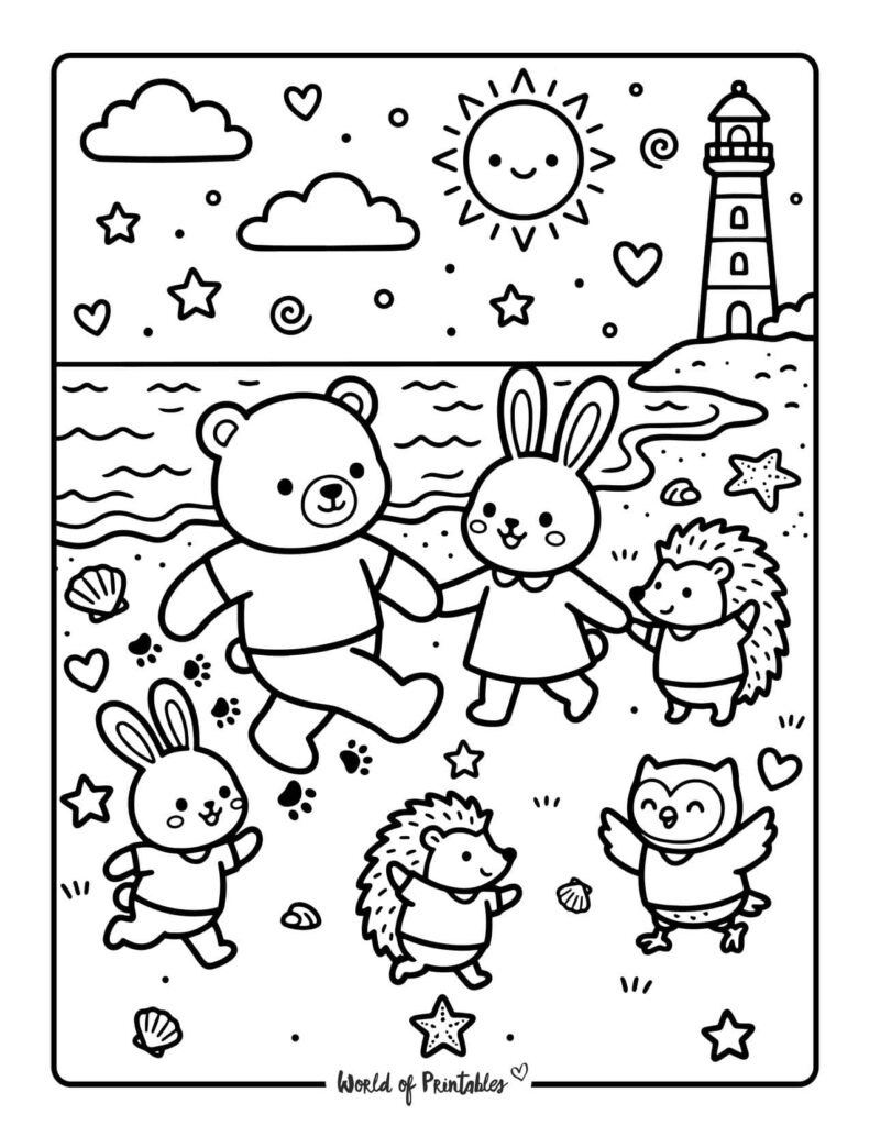 Friends Running On The Beach Coloring Page