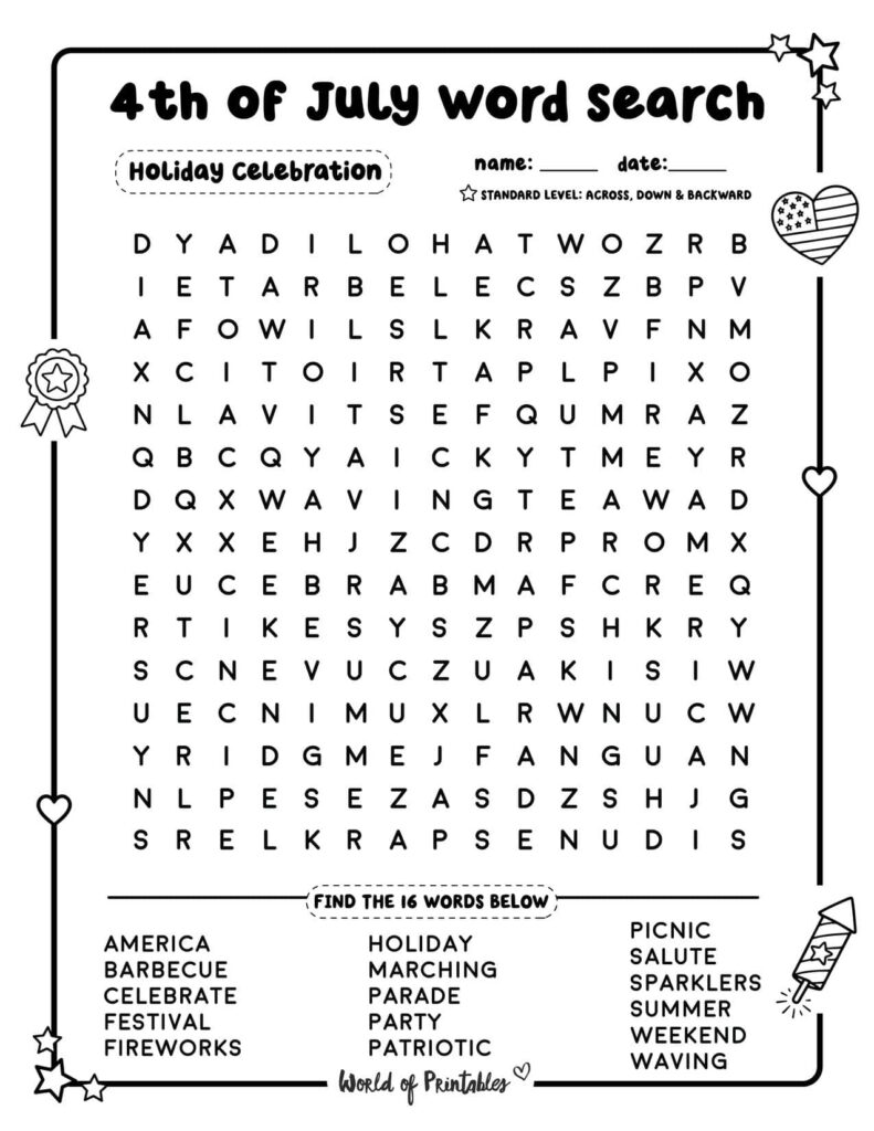 Holiday Celebration 4th of July Word Search - Standard Level