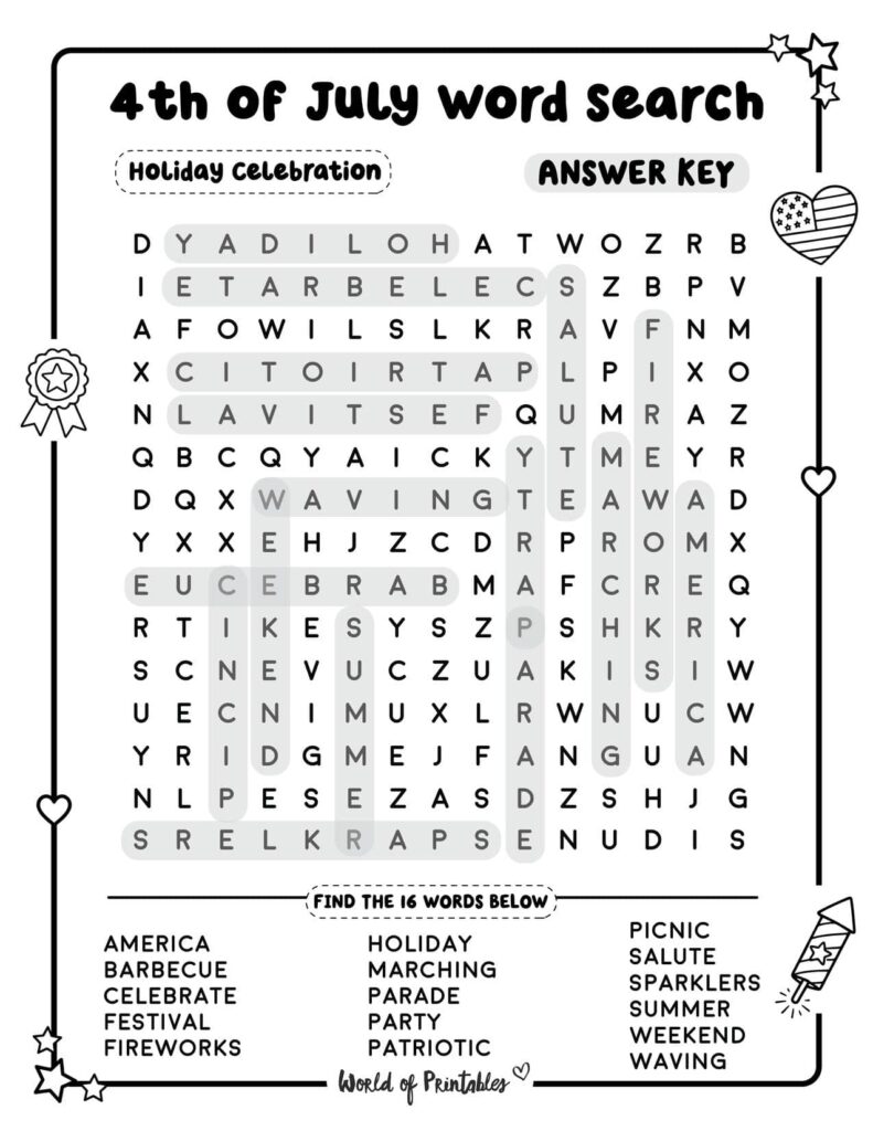 Holiday Celebration 4th of July Word Search - Standard Level Answer Key