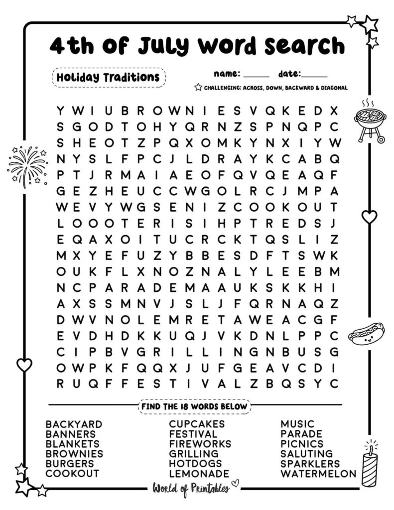 Holiday Traditions 4th of July Word Search - Challenging Level