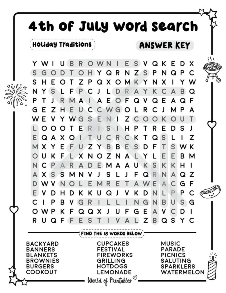 Holiday Traditions 4th of July Word Search - Challenging Level Answer Key-18