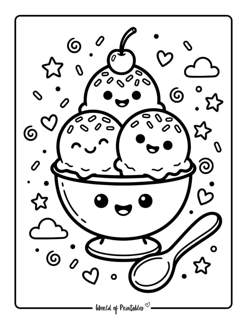 Kawaii Ice Cream Bowl Coloring Page