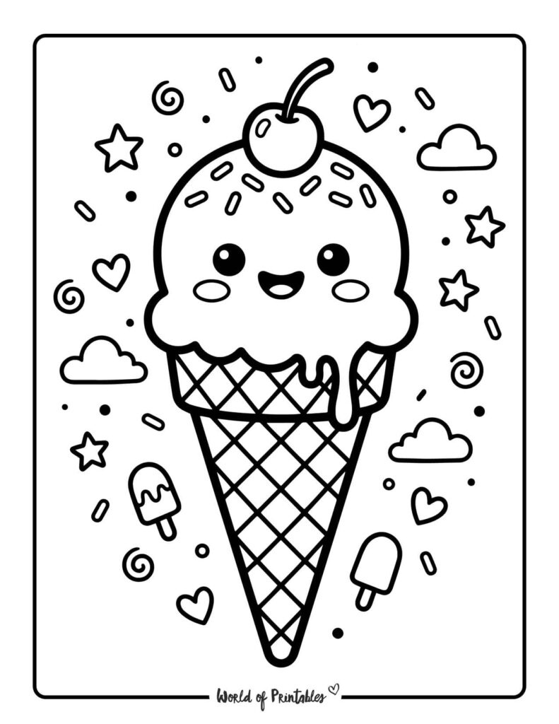 Kawaii Ice Cream Cone Coloring Page