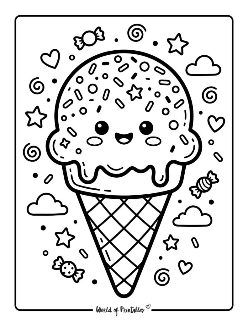 Kawaii Ice Cream Scoop Coloring Page