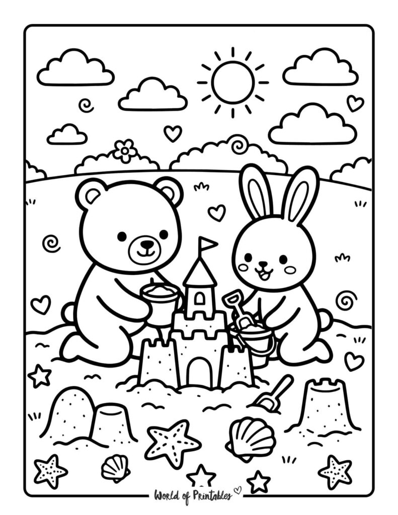 Kids Building A Sandcastle Coloring Page