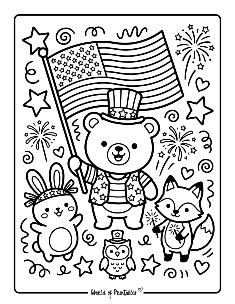 Kids Holding American Flags Coloring Page