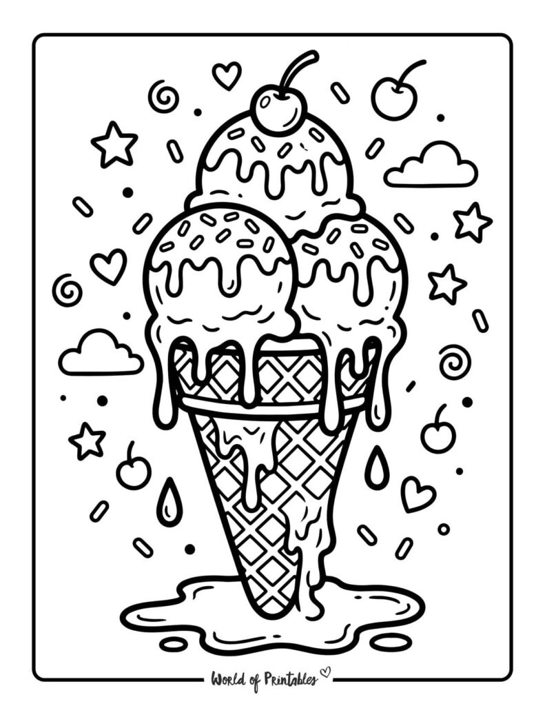 Melting Triple Scoop Ice Cream Coloring Page