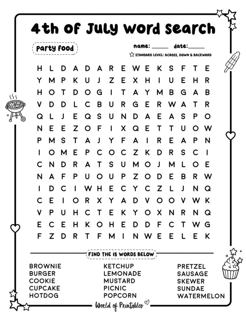 Party Food 4th of July Word Search - Standard Level