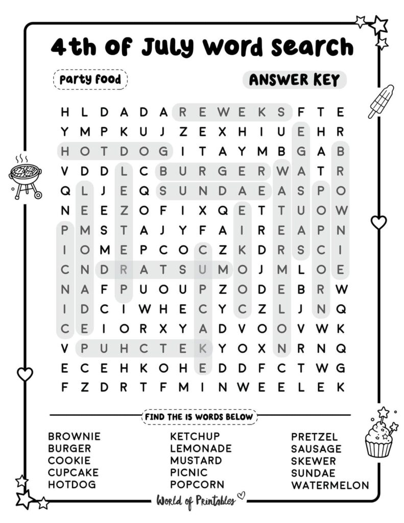Party Food 4th of July Word Search - Standard Level Answer Key