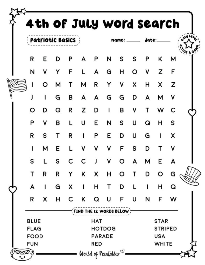 Patriotic Basics 4th of July Word Search - Easy Level