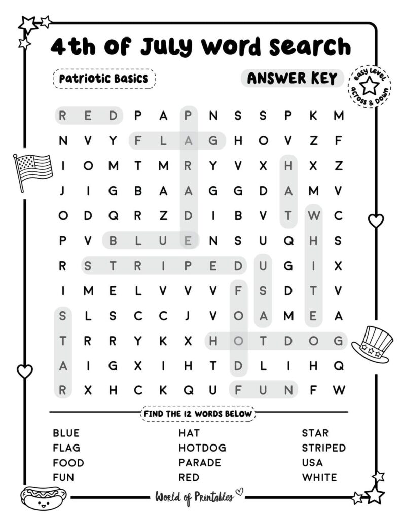 Patriotic Basics 4th of July Word Search - Easy Level Answer Key