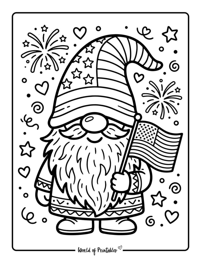 Patriotic Gnome Holding A Flag Coloring Page
