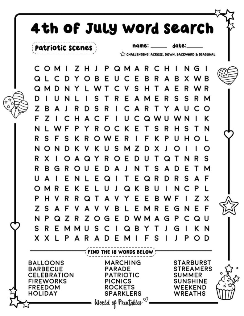 Patriotic Scenes 4th of July Word Search - Challenging Level