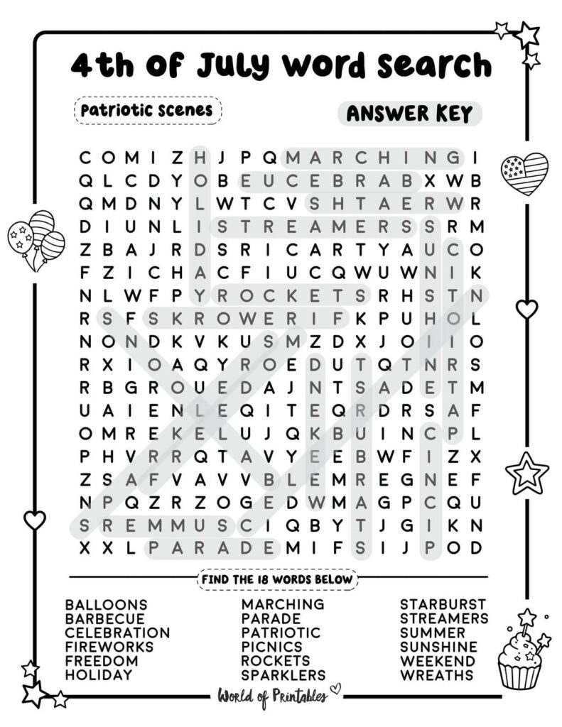 Patriotic Scenes 4th of July Word Search - Challenging Level Answer Key