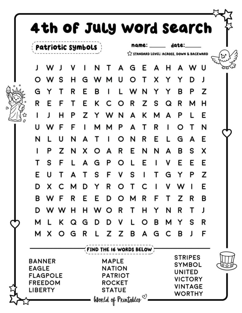 Patriotic Symbols 4th of July Word Search - Standard Level