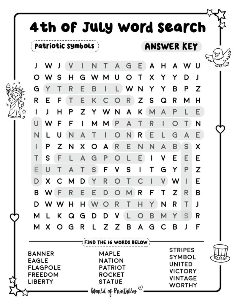 Patriotic Symbols 4th of July Word Search - Standard Level Answer Key