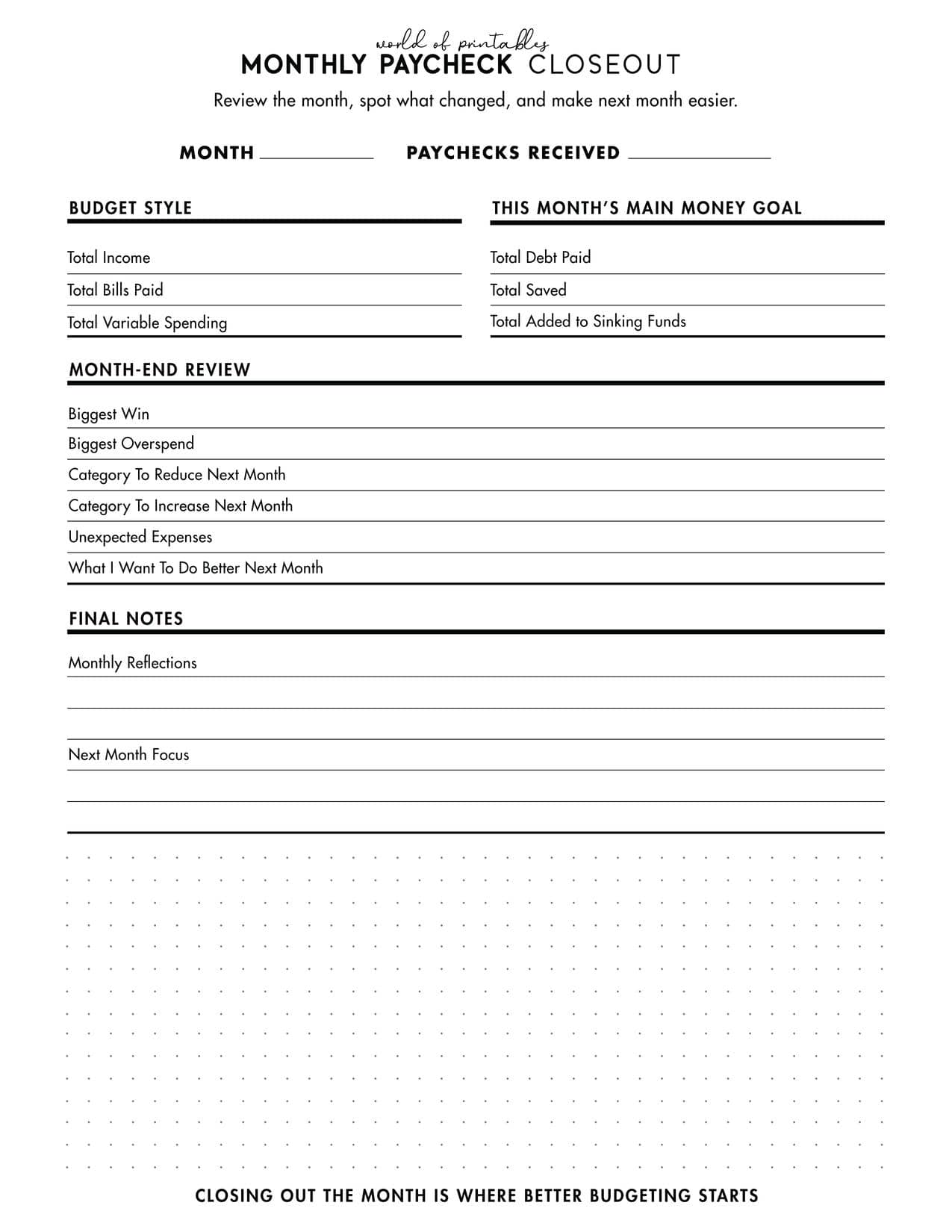 Free printable monthly paycheck closeout worksheet