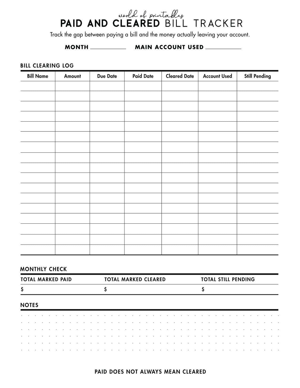 Free printable paid and cleared bill tracker for budgeting