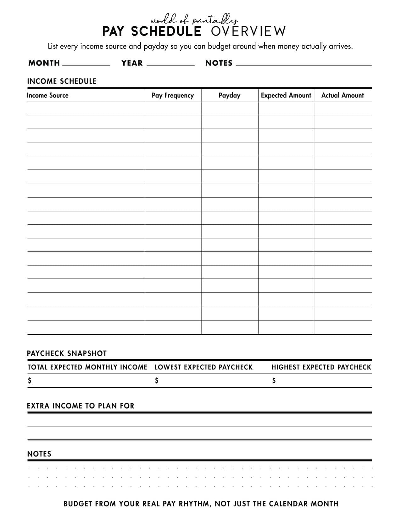 Free printable pay schedule overview for weekly biweekly and twice monthly pay