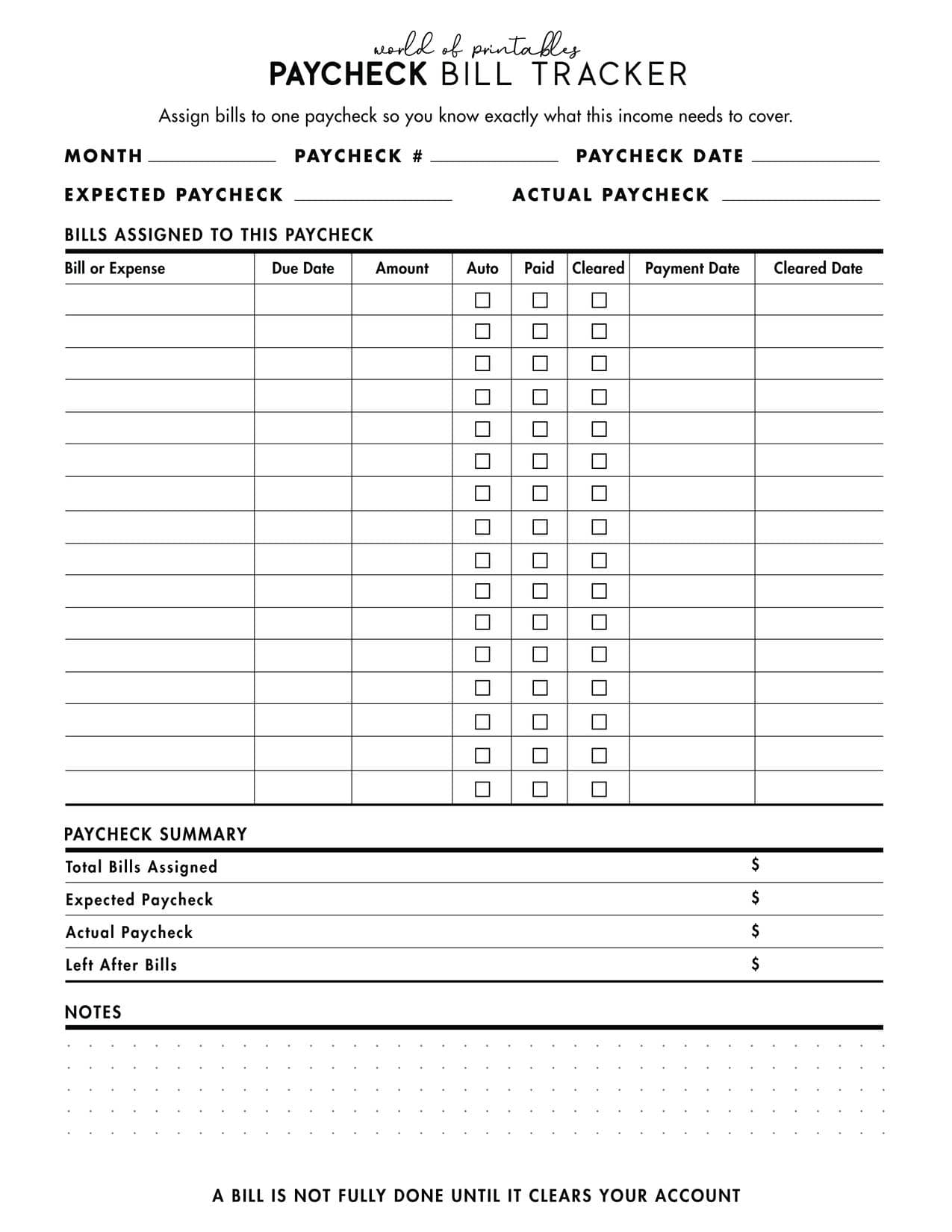 Free printable paycheck bill tracker to assign bills to each paycheck