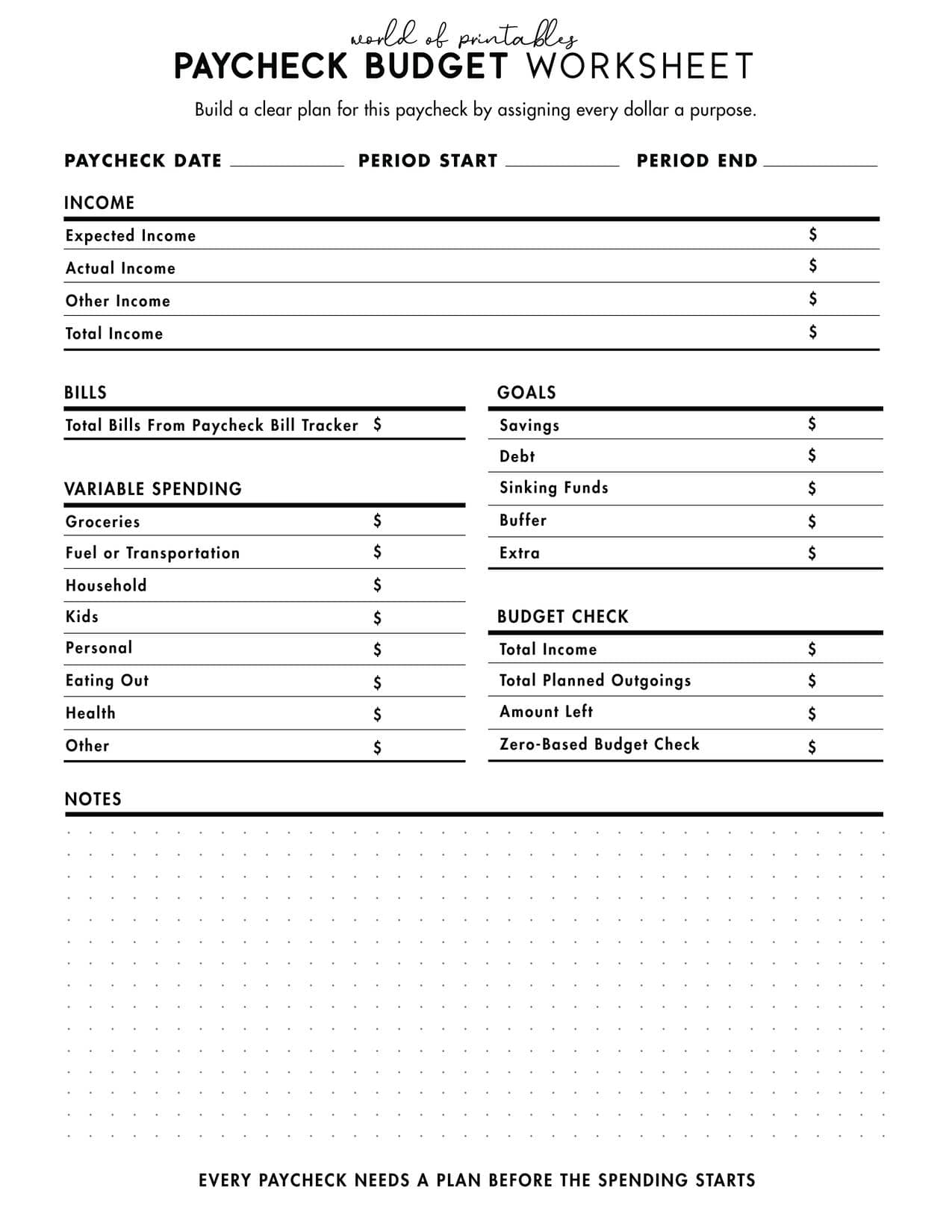 Free printable paycheck budget worksheet for one pay period