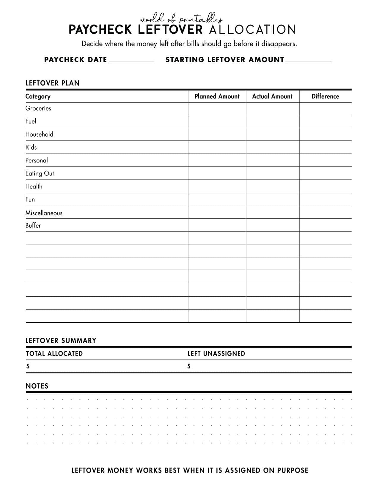 Free printable paycheck leftover allocation worksheet