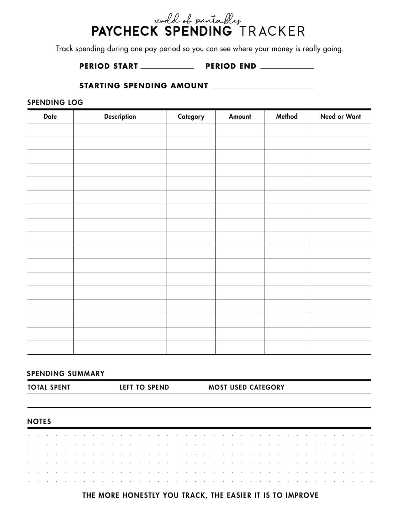 Free printable paycheck spending tracker for one pay period