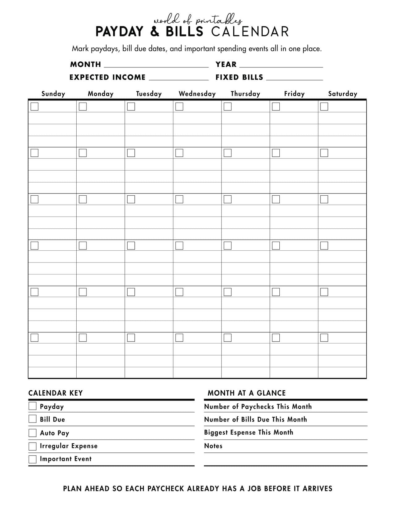 Free printable payday and bills calendar for paycheck budgeting