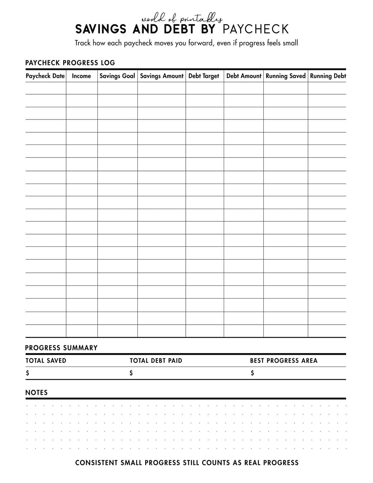 Free printable savings and debt by paycheck tracker