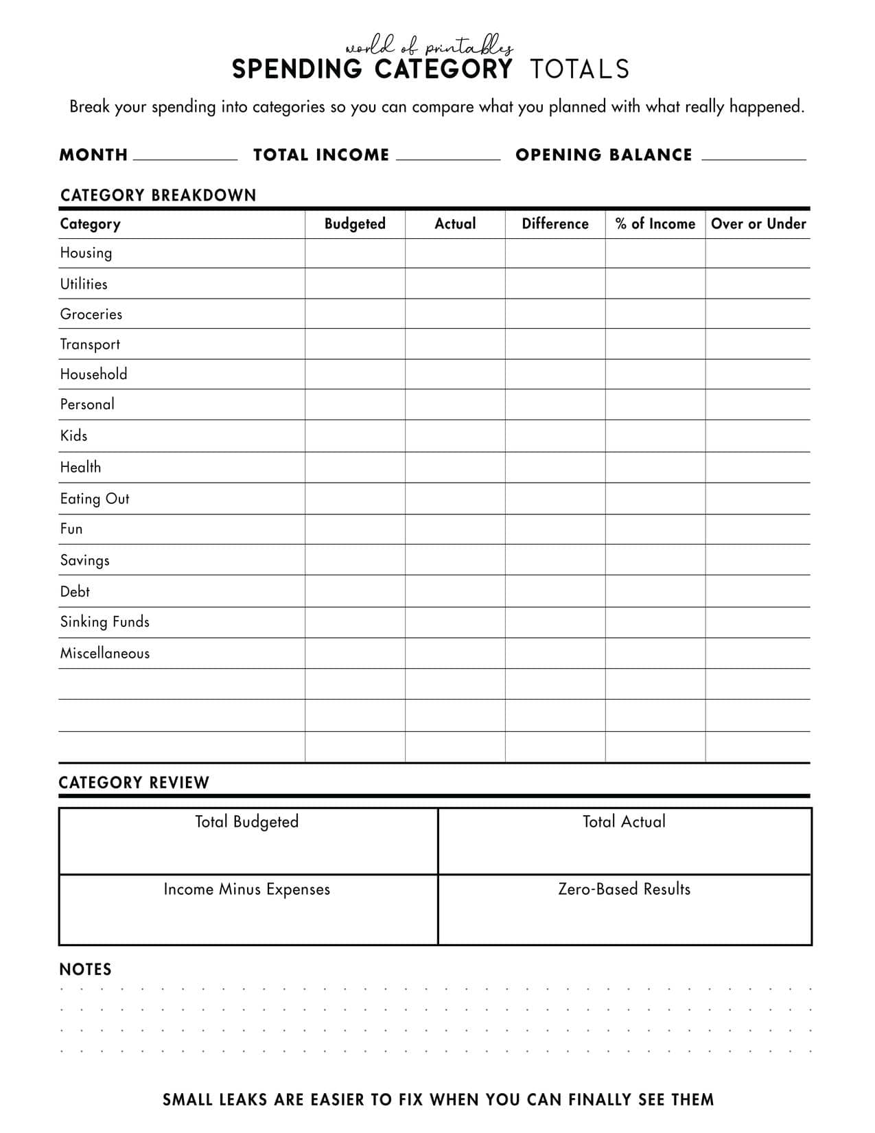 Free printable spending category totals worksheet for paycheck budgeting