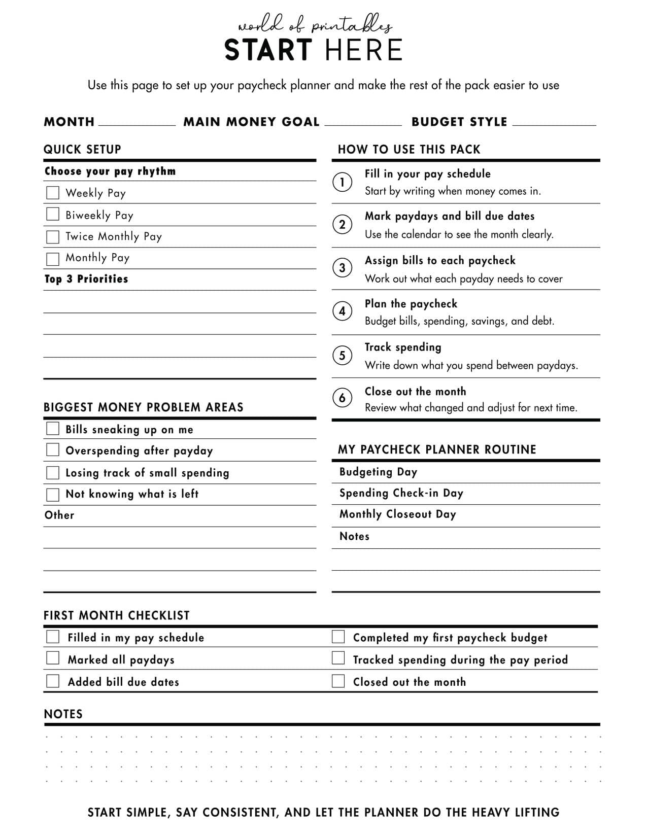 Free printable paycheck planner start here page